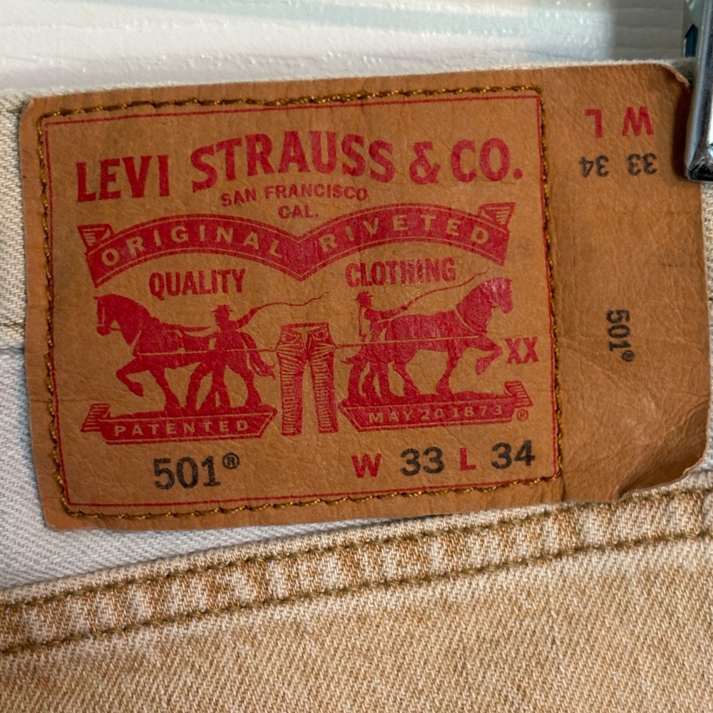 Levis 501 Men's Original Fit Two Tone Colorblock Jeans Tan Light Wash 33x34 - Picture 8 of 15